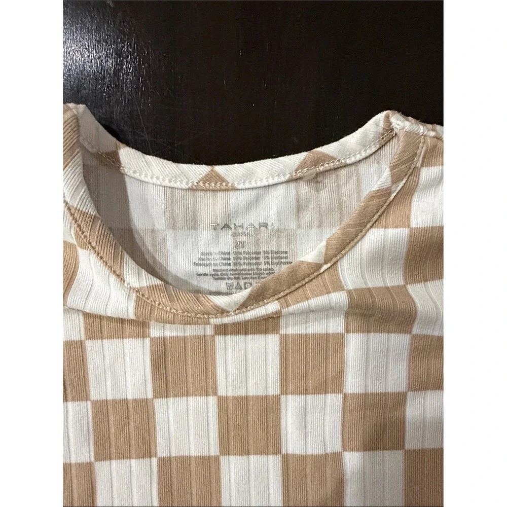Tahari Girl Tan‎ White Checkered Ribbed Top and Leggings Set 2T